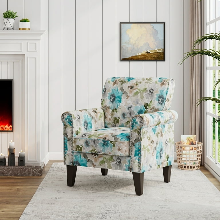 Accent Chair with Pastel Floral Pattern, Rolled Arms and Nailhead Trim
