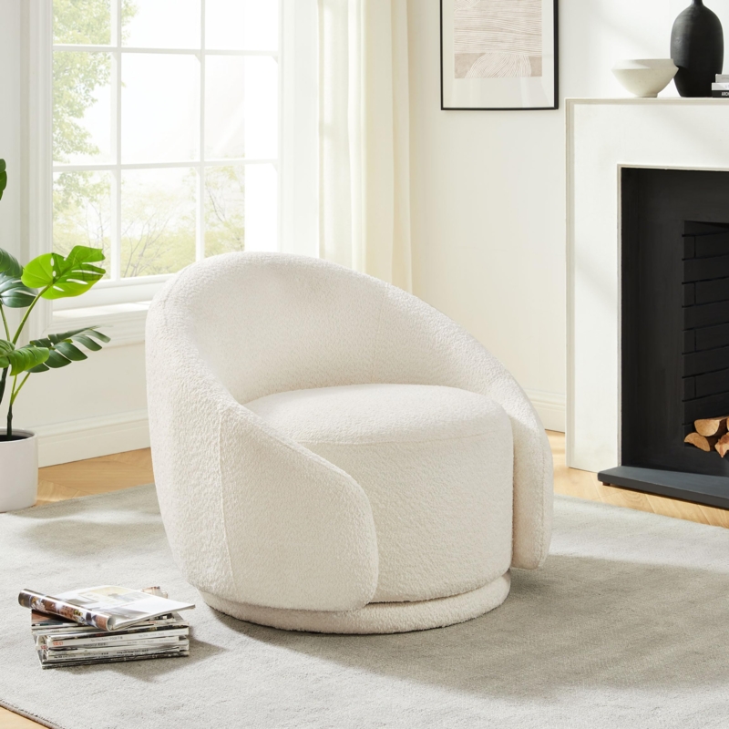 Accent Chair with Sherpa Texture Swivel Barrel White Integrated Arms Cozy