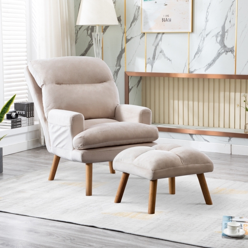 Accent Chair with Side Pocket Beige Fabric Ottoman Set and Wood Legs