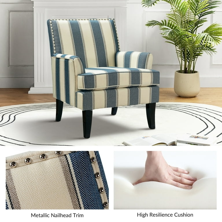 Accent Chair with Tapered Black Legs and Blue Striped Fabric