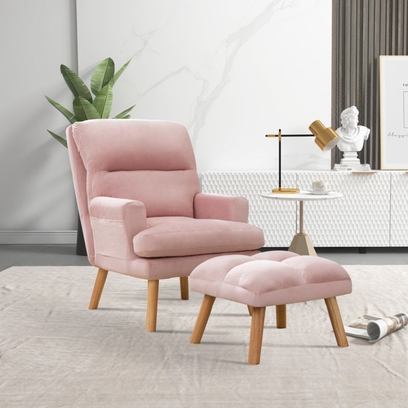 Accent Chair with Tufted Ottoman Blush Pink Fabric and Side Pocket