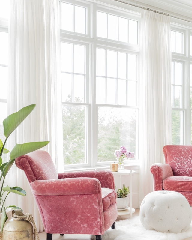 Accent Chairs in Pink Damask with Rolled Arms for Airy Living Room