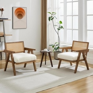 Accent Chairs Set Mid Century Cane Back Angular Wood Frame Plush