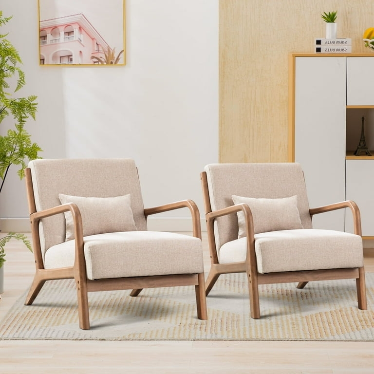 Accent Chairs Set Mid Century Tapered Legs Wood Frame Linen Look
