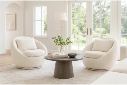 Accent Chairs Set of 2 White Boucle Swivel Barrel Egg Shape Pedestal Base