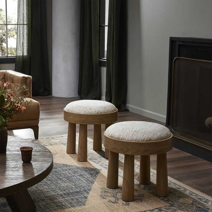 Accent Stool Chunky Wood Accent Stool with Woven Upholstery, Tapered Legs