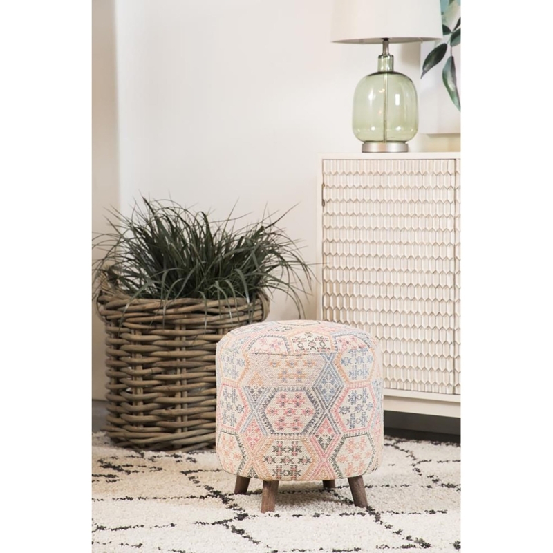 Accent Stool Ikat Pattern Geometric Round Seat Tapered Wood Legs