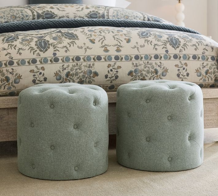 Accent Stool Sage Green Tufted Stool with Upholstered Drum Silhouette