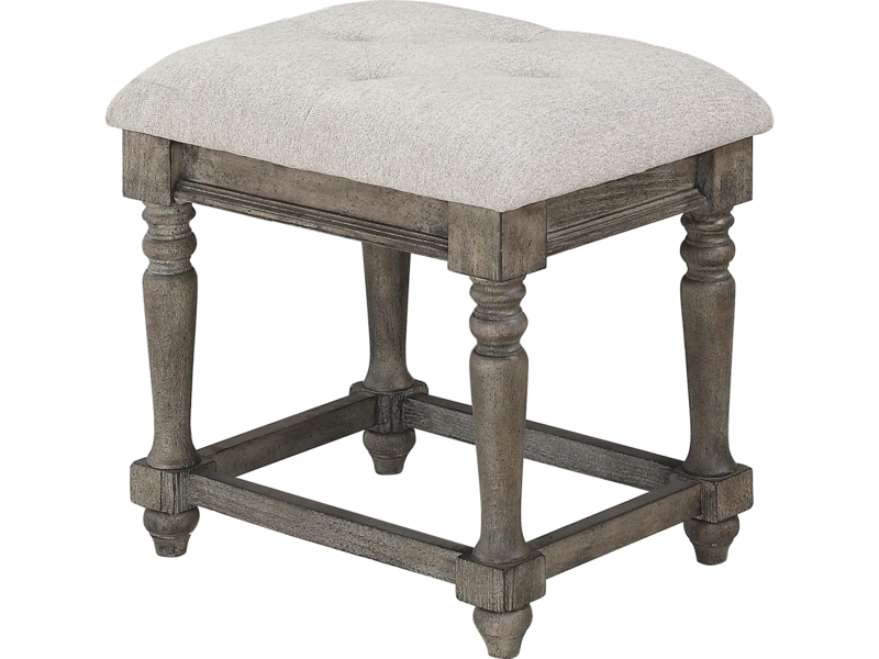Accent Stool Traditional Turned Leg Stool with Weathered Grey Finish, Tufted