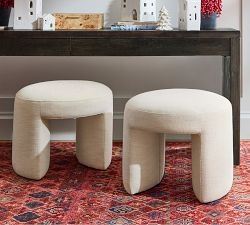Accent Stool U-Shaped Accent Stool with Slab Leg Design, Ivory Upholstery