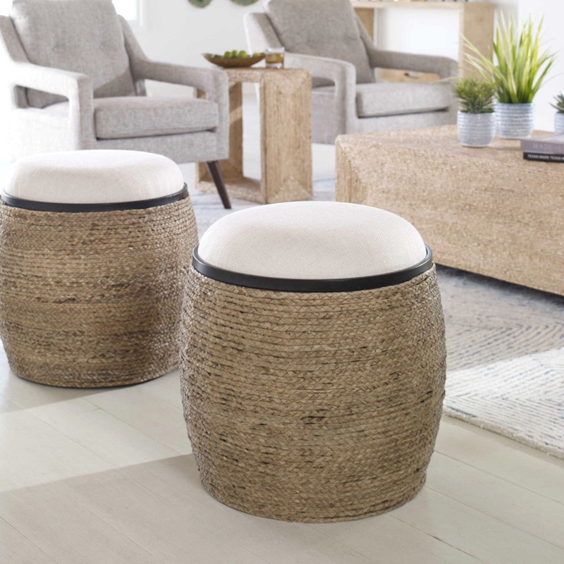 Accent Stool Woven Palm Stool with Round Drum Base and Upholstered Top