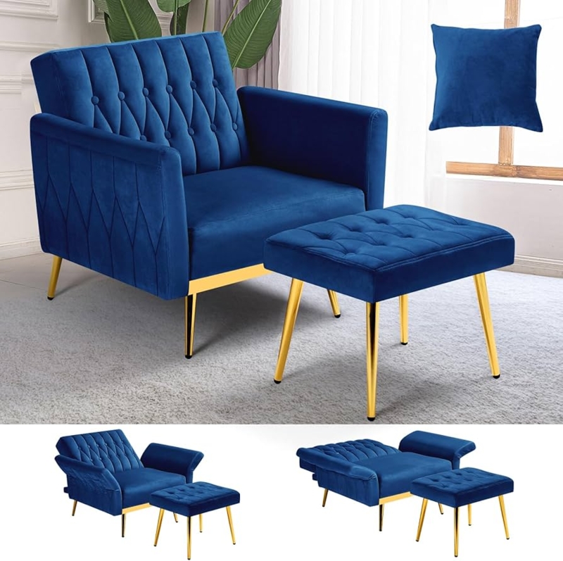 Adjustable Accent Chair with Folding Arms, Ottoman, and Gold Legs