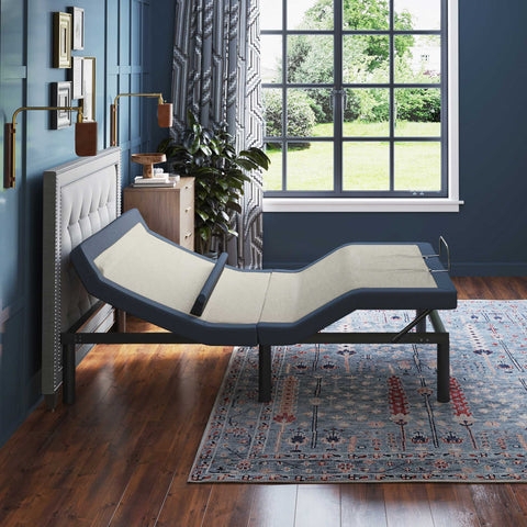 Adjustable Bed Base Navy Blue Upholstered Frame Motorized Articulation