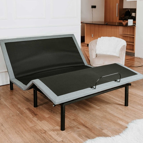 Adjustable Bed Base with Grey Upholstered Border and Black Legs