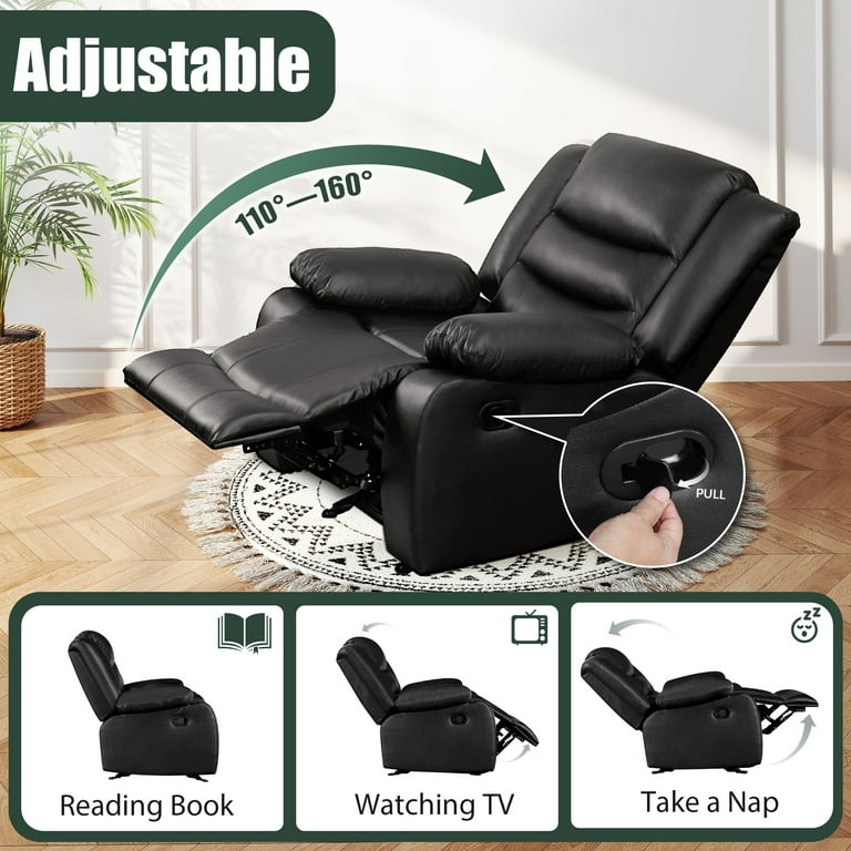 Adjustable Manual Recliner Black Leather-Like 160 Degree Recline