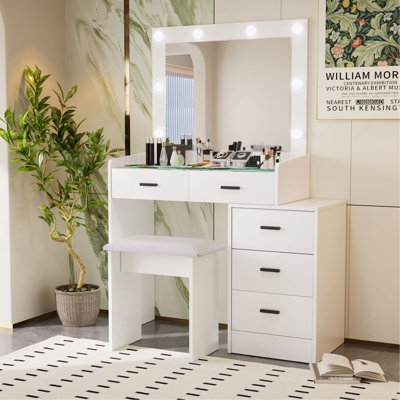 Adjustable Width Makeup Vanity with Five Drawers and Gold Legs