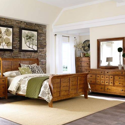 Aged Oak Sleigh Bedroom Set with Rustic Multi-Drawer Dresser Cabin Style