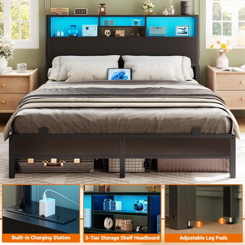 - Aheaplus Headboard for Queen Size Bed with Storage, Headboards  with Outlets, USB Ports and LED Light, Queen Size Head Board Only, Height  Adjustable, Reversible, Sturdy and Stable Headboard, Black