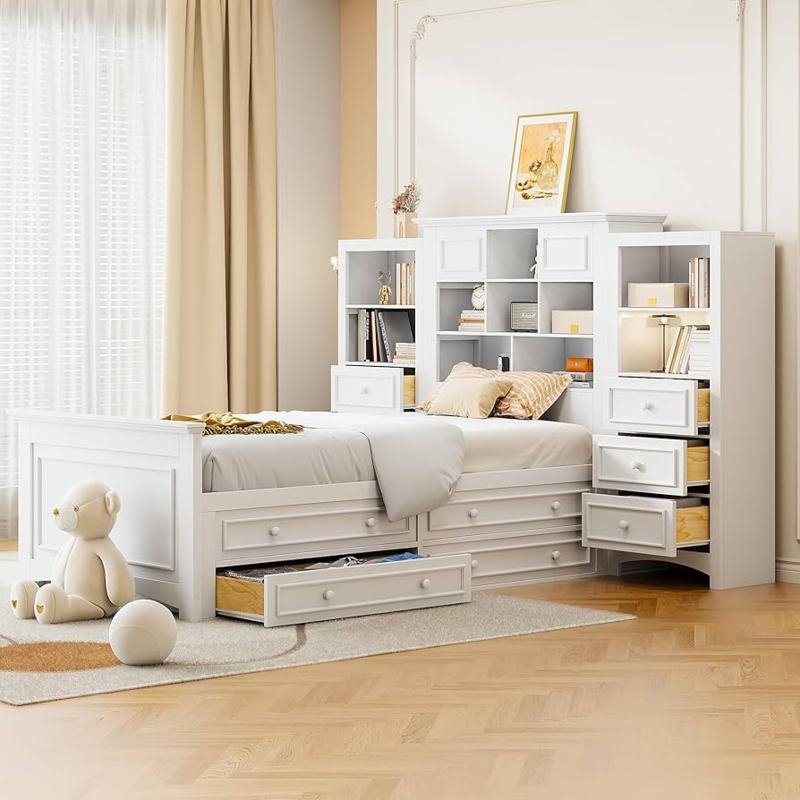 All-in-One White Storage Bed with Hutch-Style Cabinet Headboard