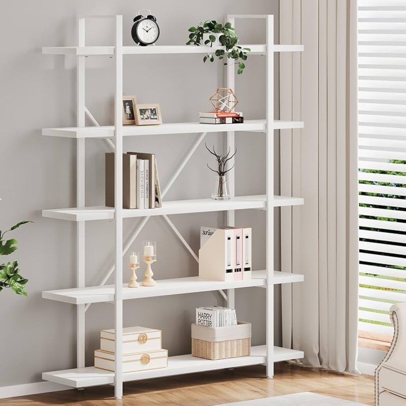 All White Finish Bookshelf Metal Frame Modern Farmhouse 5 Tier Shelving