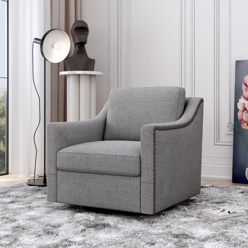 Amazon.com: 360 Degree Swivel Chair, Linen Upholstered Swivel Barrel Chair  with Nailhead Trim, Square Club Sofa Chair with Metal Base, Vanity Chair  for Makeup Room, Office, Club (Grey) : Home & Kitchen