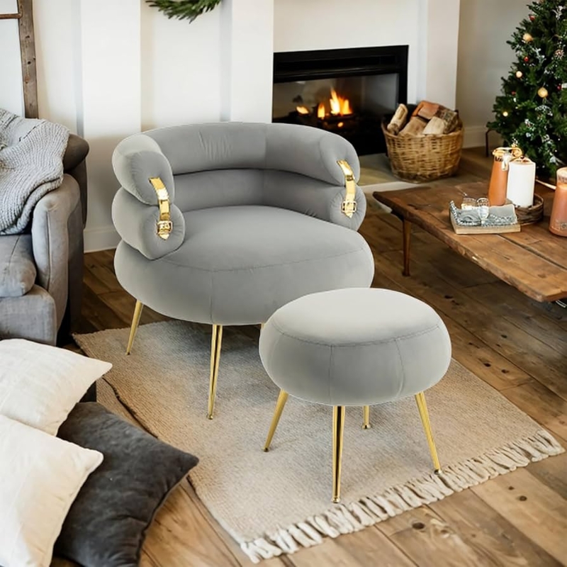 Amazon.com: Accent Chair with Ottoman Comfy Barrel Chair Velvet Chair for  Living Room, Lazy Chair Butacas Para Sala Modernas Modern Upholstered  Armchair Lounge Chair with Sturdy Metal Legs (Gray + Velvet) :