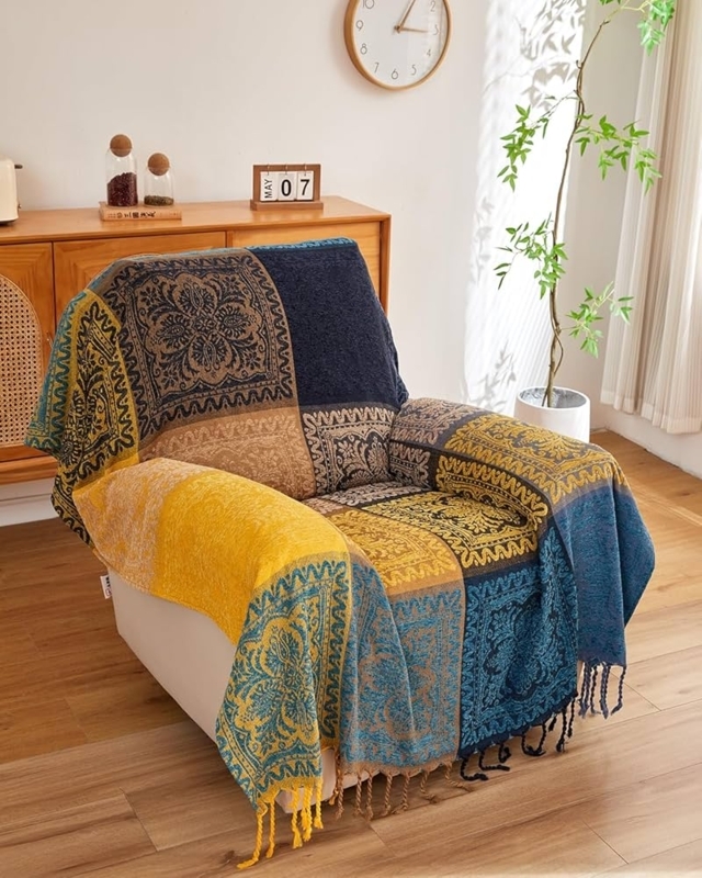 Amazon.com: AIVIA Bohemian Throws Blankets, Chenille Woven Recliner Chair  Throw Cover Futon Furniture Cover Sofa Slipcover Boho Bed Blanket - 60" x  75" Navy Teal Yellow : Home & Kitchen