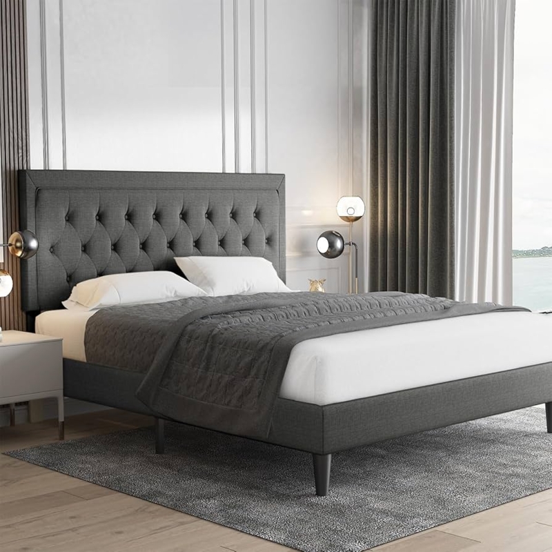 Amazon.com: Allewie Queen Size Button Tufted/Fabric Upholstered Bed Frame  with Adjustable Headboard/Wood Slat Support/Mattress Foundation/Dark Grey :  Home & Kitchen