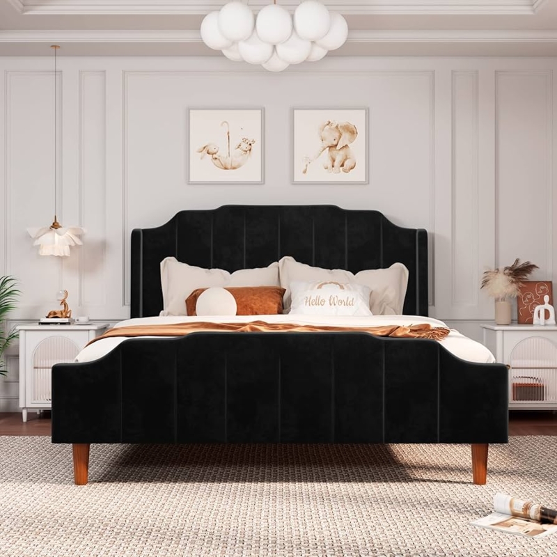 Amazon.com: Allewie Queen Size Velvet Bed Frame Upholstered Platform Bed  with Vertical Headboard and Footboard, Solid Wood Leg and Strong Slats  Support, No Box Spring Needed, Easy Assembly, Black : Home &