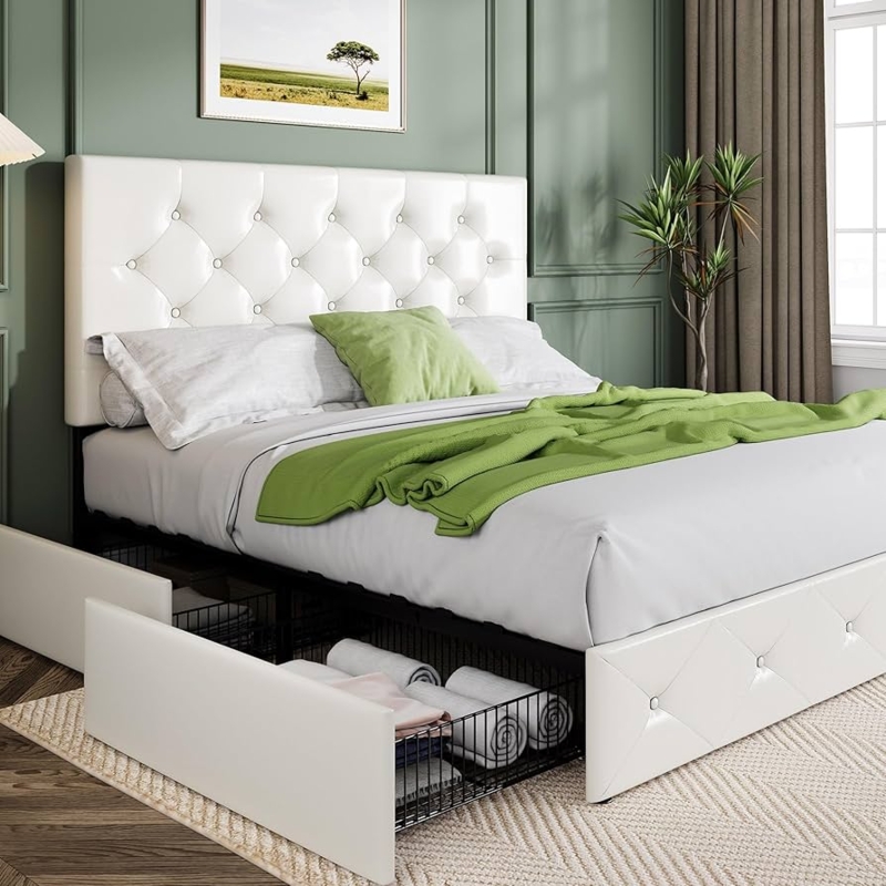 Amazon.com: Allewie Upholstered Full Size Platform Bed Frame with 4 Storage  Drawers and Headboard, Diamond Stitched Button Tufted, Mattress Foundation  with Wooden Slats Support, No Box Spring Needed, White : Home &
