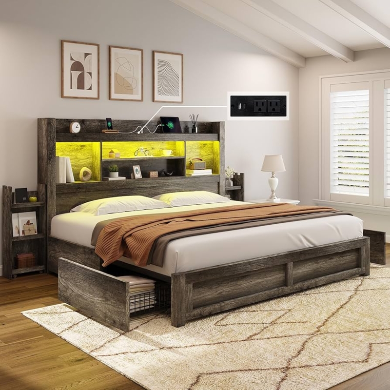 Amazon.com: AMERLIFE King Size Bed Frame with 4 Storage Drawers, LED Bed  Frame with 49 Tall Bookcase Headboard, Wood Platform Bed with Charging  Station & 2 Slide Bedside Shelf, No Box Spring
