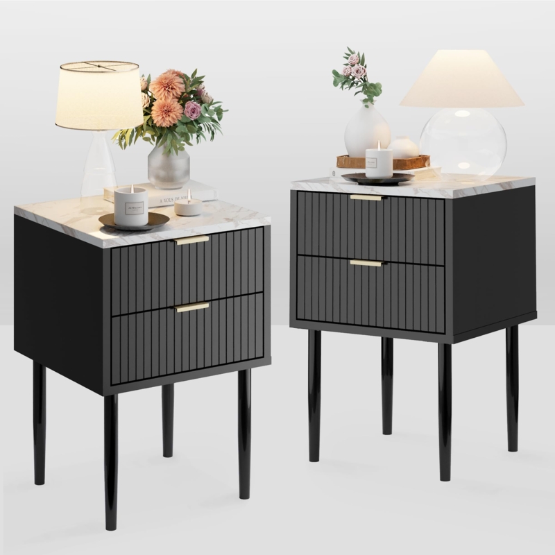 Amazon.com: Anbuy Black Marble Nightstands Set of 2 with Gold Handle,  Striped Night Stand with Drawers, End Side Table with Faux Marble Top, 2  Drawers End Table Metal Legs for Bedroom, Living