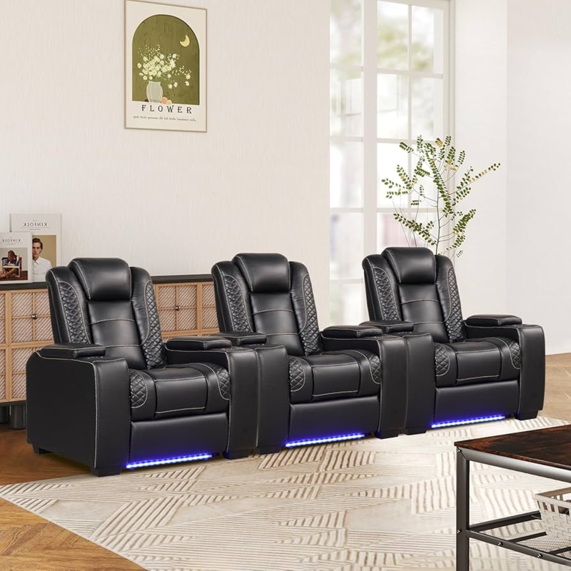 Amazon.com: ANJ Power Theater Recliners Set of 3, Electric Home Theater  Seating, Black Faux Leather Recliner with Adjustable Headrest, Movie  Recliner Theater Chairs with LED,USB, Cup Holders, Hidden Arm Storage : Home