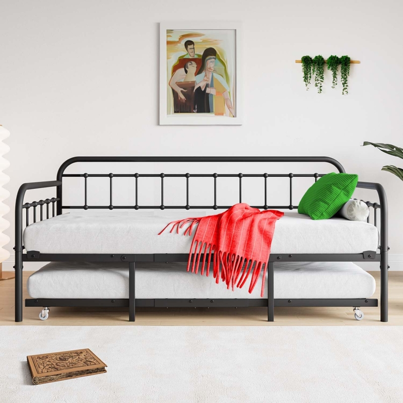 Amazon.com: Anwick Twin Size Metal Daybed Frame with Trundle,Day Beds with  Pullout Trundle,Platform Sofa Bed with Steel Slat Support for Living Room  Guest Room,No Box Spring Needed (Black-Plus) : Home & Kitchen