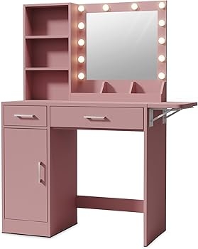 Amazon.com: anwickjeff Makeup Vanity Desk with LED Lighted Mirror,  Adjustable Brightness, Modern Dressing Table w/Storage Drawers & Cabinet  for Bedroom Girls Women (Pink) : Home & Kitchen