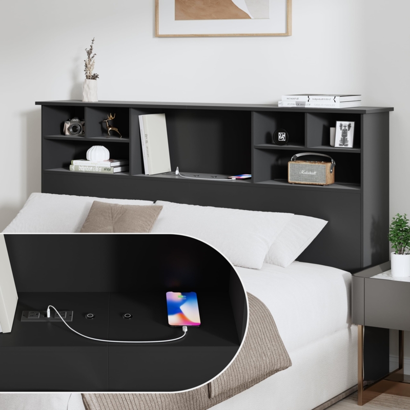 Amazon.com: AYEASY King Bed with Storage, Sturdy and Stable Size USB & Type  C Port & 2 LED Lights, Noise-Free Wood Bookshelf headboard, Height  Adjustable, Black, K-B : Home & Kitchen