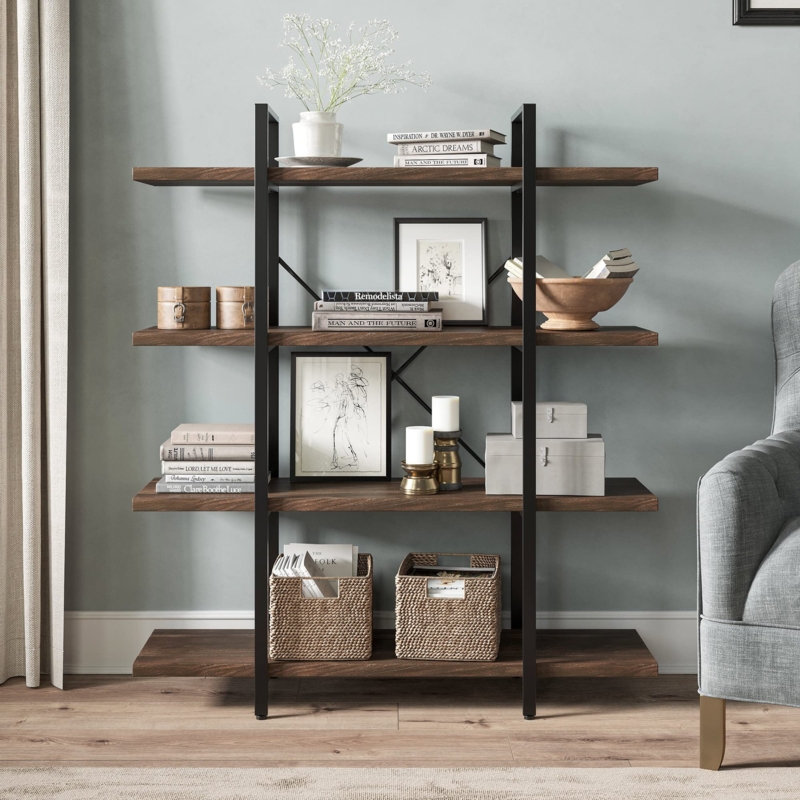 Amazon.com: BELLEZE 4 Tier Modern Rustic Industrial Bookshelf, Open Wide  Office Etagere Book Shelf, Wood and Metal Bookcases with Storage Display  Rack - Hazel (Dark Walnut) : Home & Kitchen