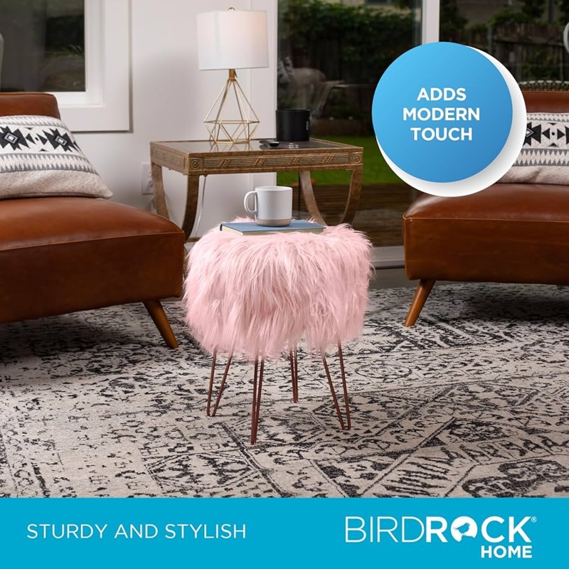 Amazon.com: BIRDROCK HOME Pink Faux Fur Vanity Stool Chair - Soft Furry  Compact Padded Seat - Vanity, Living Room, Bedroom and Kids Room Chairs -  Hair Pin Metal Legs Upholstered Decorative Furniture