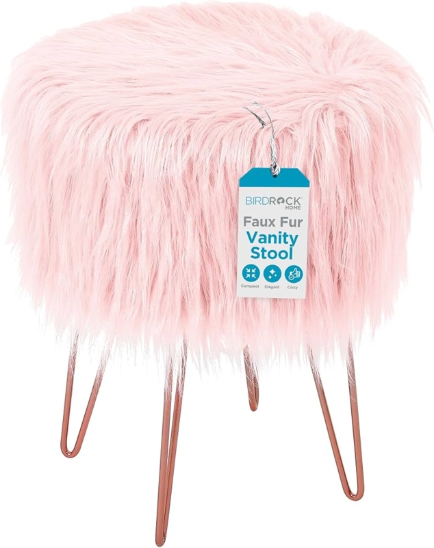 Amazon.com: BIRDROCK HOME Pink Faux Fur Vanity Stool Chair - Soft Furry  Compact Padded Seat - Vanity, Living Room, Bedroom and Kids Room Chairs -  Hair Pin Metal Legs Upholstered Decorative Furniture