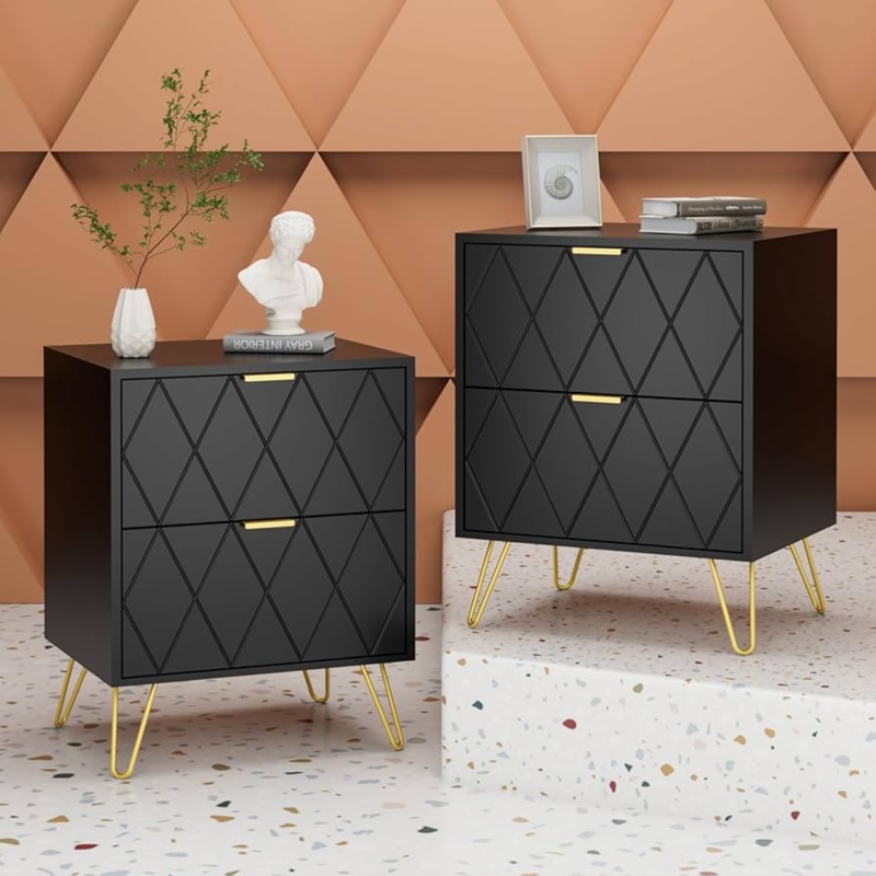 Amazon.com: Black Nightstand Set of 2, End Side Table Modern Bedside Table  with 2 Drawers, Dual Night Stand Set 2 Metal Legs for Bedroom Living Room :  Home & Kitchen