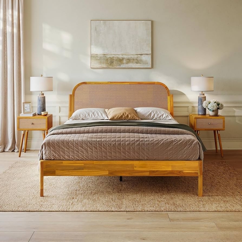 Amazon.com: Bme Aurelia Queen Solid Wood Bed Frame with Rattan Headboard -  Bohemian & Mid Century Modern Style - Wood Slat Support - No Box Spring  Needed - Easy Assembly - Caramel : Home & Kitchen