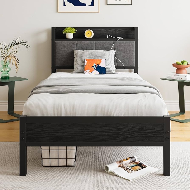 Amazon.com: BOFENG Twin Bed Frame with Storage Headboard/USB Charging  Station,Heavy Duty Metal Upholstered Single Platform Bed Frame Twin Size No  Box Spring Needed,Heavy Duty Metal Slats,Noise Free,Black : Home & Kitch
