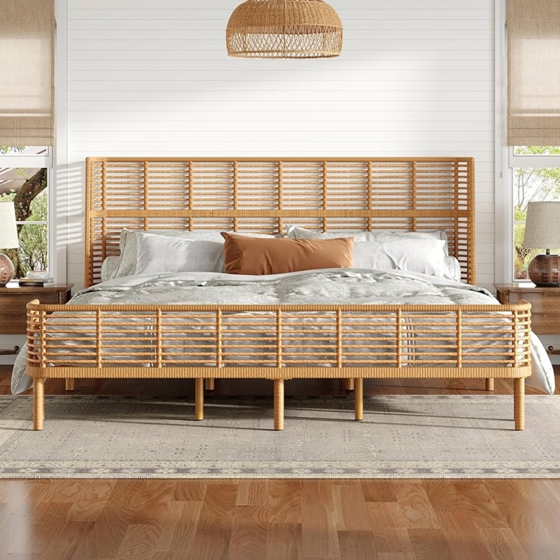 Amazon.com: Christopher Knight Home Lamar Boho Rattan King Bed Frame and  Headboard, Farmhouse PE Wicker King Size Bed Frame, Metal King Platform Bed  Frame, No Box Spring Needed, Easy Assembly, Natural Finish :