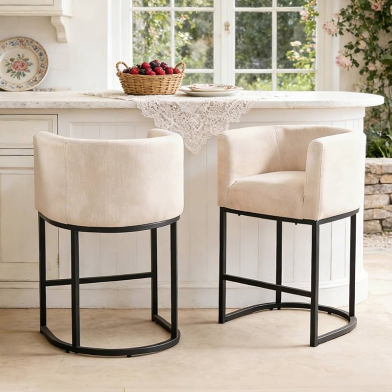 Amazon.com: ClinQ 26" H Counter Height Bar Stools Set of 2, Modern Barrel  Counter Stools with Backrest and Arms, Black Metal Frames,Linen Fabric  Upholstered Accent Barstools for Kitchen Island,Linen Color : Home