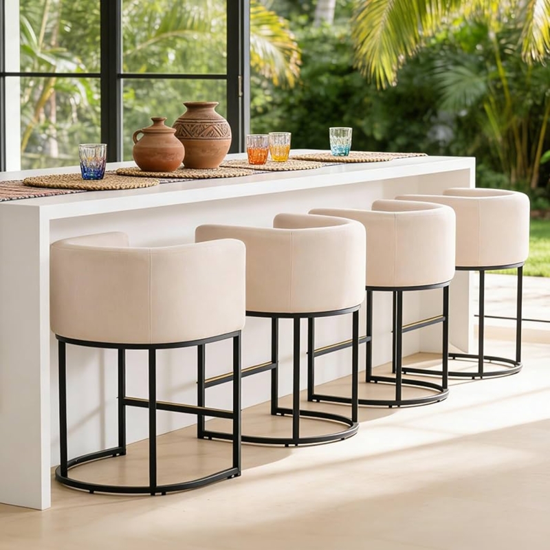 Amazon.com: ClinQ 26" H Counter Height Bar Stools Set of 4, Modern Barrel  Counter Stools with Backrest and Arms, Black Metal Frames,Linen Fabric  Upholstered Accent Barstools for Kitchen Island,Linen Color : Home