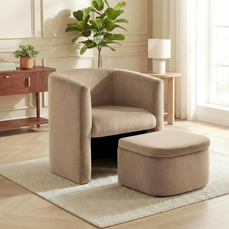 Amazon.com: COLAMY Upholstered Velvet Barrel Accent Chair with Storage  Ottoman, Morden Living Room Chair with Lounge Seat for Bedroom/Reading  Spaces, Khaki : Home & Kitchen