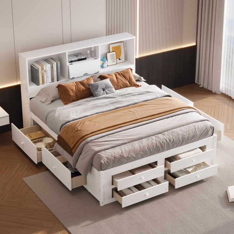 Amazon.com: DaiNNCN King Size Platform Bed with Storage Headboard and 8  Drawers, Captain Bed Frame with Bookcase and Slats for Adults, Teens, Kids,  Space-Saving, No Box Spring Needed-White : Home & Kitchen