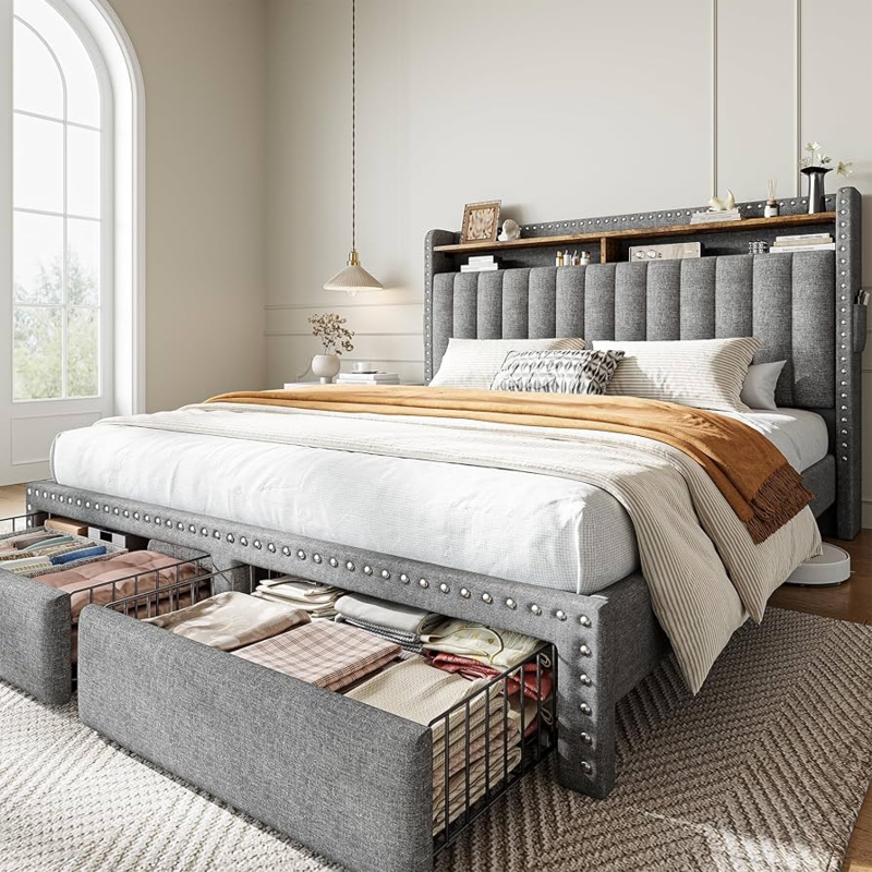 Amazon.com: EnHomee Queen Size Bed Frame with 2 Storage Drawers Upholstered Queen  Bed Frame with Headboard Solid Wood Slats,No Box Spring Needed,Noise-Free  Extra Storage Space for Bedroom Apartment, Grey : Home &