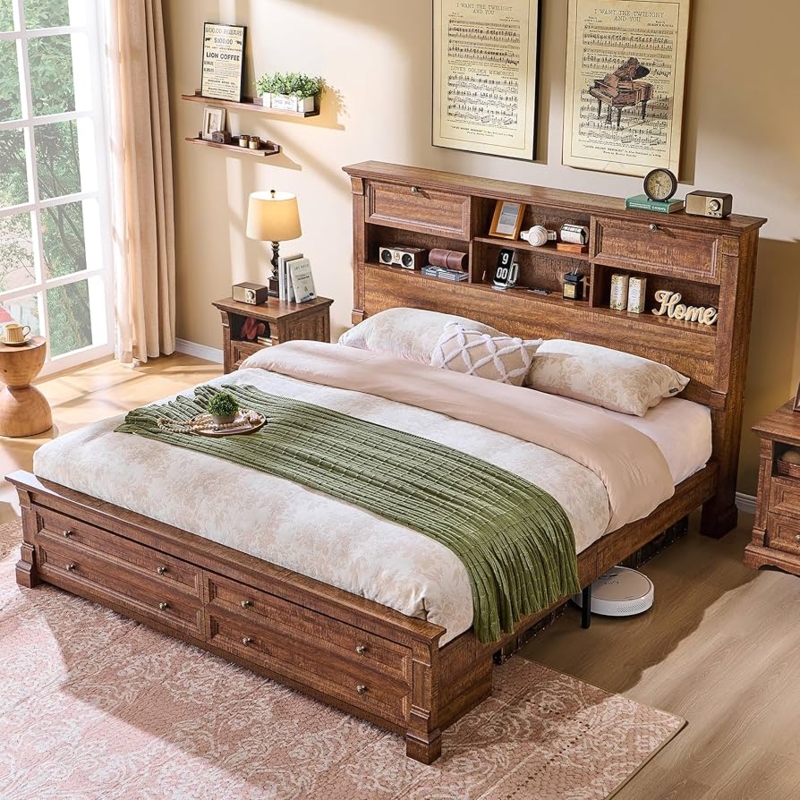 Amazon.com: Farmhouse King Size Bed Frame with 54" Tall Storage Bookcase  Headboard, Wood Platform Bed Frame with 18" Tall Roman Column Decoration  Footboard & 2 Drawers, No Box Spring Needed(Reclaimed Barnwood) :