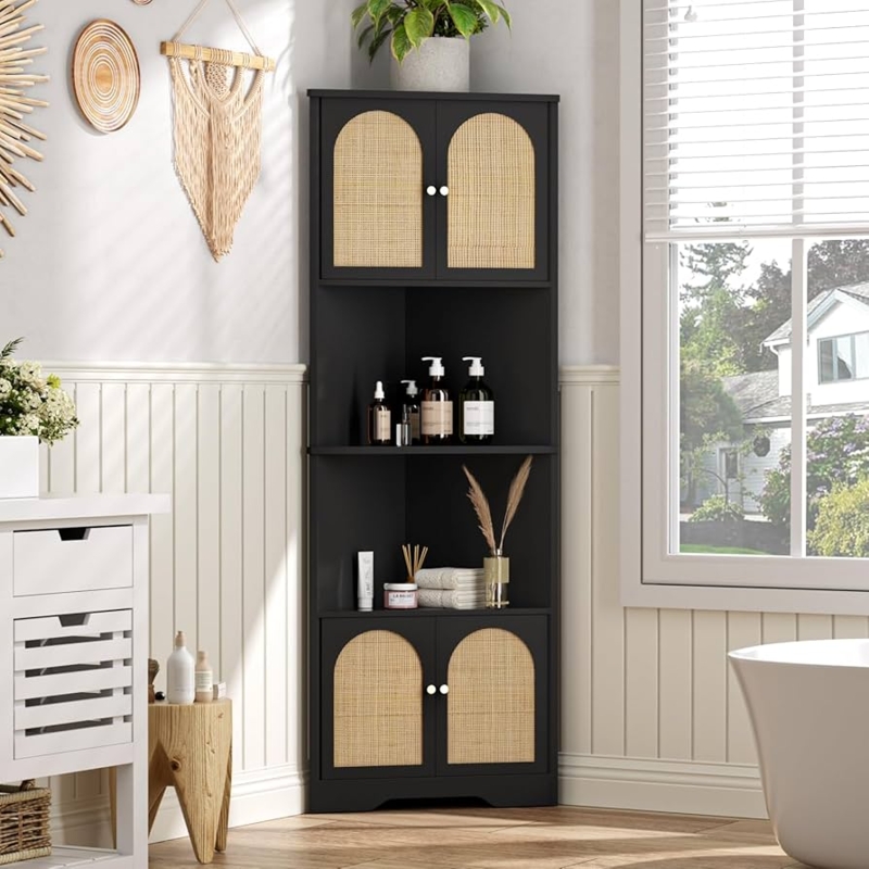 Amazon.com: FiveWillowise 67''H Tall Corner Cabinet with Handmade Rattan  Door, Rattan Storage Cabinet with Adjustable Shelves, Corner Bookshelf  Space Saver for Barthroom, Kitchen, Living Room, Black : Home & Kitchen